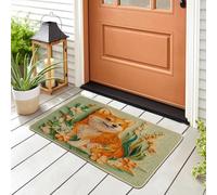 Spring Shiba Inu Dog Front Black Door Mat Outside Inside Entrance 29 * 17, Fun Puppy Animal Floral Outdoor Indoor Non Slip Doormat, Small Pet Classroom Patio Garage Shoes Off Doormat