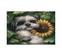 Spring Shih Tzu Dog Jigsaw Puzzles for Adults 300 Piece, Sunflower Leaf Puppy Wooden Puzzles, Fun Plant Pet Printed Decorations for Entertainment Party