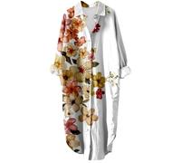 Spring Shirt Dress for Women UK Ladies Collared Neck Long Sleeve Floral Art Pattern Print Vintage Long Shirt Casual Dress with Pockets Maxi Dress (White, XL)