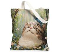 Spring Short-haired Persian Cats Canvas Tote Bag for Shopping 13 * 15, Cute Bluebird Forest Reusable Grocery Bag for Women, Pet Work Travel Painting Gift Decor