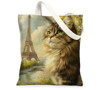 Spring Siberian Cats Canvas Tote Bag for Shopping 13 * 15, Romantic Towers Reusable Grocery Bag for Women, Pet Travel Pattern Gift Decoration