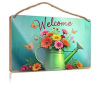 Spring Signs For Front Porch A Green Watering Can Filled With Colorful Flowers And Butterflies Family Wall Decor Porch Signs And Decor Outdoor(20X30CM)