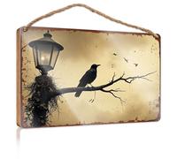 Spring Signs For Home Decor A Crow Perches On A Branch Under A Streetlamp, With Birds Flying In The Background Wooded Sign Chill Wood Sign Camper Decor(20X30CM)