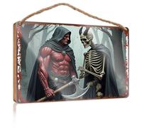 Spring Signs For Home Decor A Daring Confrontation: The Red Cloaked Warrior Vs. Death Wooded Sign Dorm Room Accessories Wooden Hanging Sign(23X35CM)