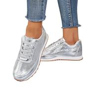 Spring Solid Color Sequins Decoration Comfortable Non European and American Style Trendy Sports Shoes for Women T Strap (Silver, 11)