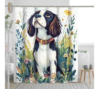 Spring Springer Spaniel Dog Shower Curtain, Cartoon Plant Leaf Shower Curtains for Bathroom, Pet Bath Pattern Decor Accessories Set -62x72