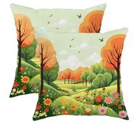 Spring Square Throw Pillow Covers Cloud Flowers and Plants Tree Cartoon Cute Grass Burnt Orange and Green Velvet Sofa Decorative Comfortable Bedroom Bed Couch with Zipper Cushion Covers 18x18 Inch