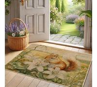 Spring Squirrel Floral Doormat, Cute Brown Squirrel Door Mat for Indoor & Outdoor Entryway, Nature Inspired Decor, Waterproof Non-Slip Dust Absorbent Mat, Easy to Clean 29x17 Inch
