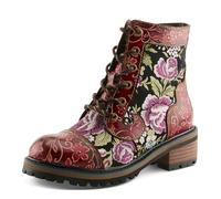 Spring Step L'Artiste Fantastic Booties for Women - Floral Hand Painted Womens Ankle Boots Low Heel - Everyday Wear Leather and Textile Western Booties, Red Multi, 6.5-7