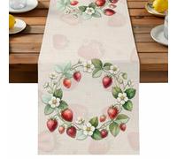 Spring Strawberry Wreath Table Runner, Rustic Vintage Cream Floral Flowers Leaves Cotton and Table Linen Runner for Kitchen Dining Home Decor for Party Festival Holiday Decoration Gift 13x60in