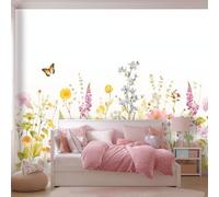 Spring Style Meadow and Wildflower Pattern Wallpaper Bedroom Kids Boys 3D Wallpaper Mural, Green Kids Teens Room Poster Photo Wall Mural Themed Room Playroom Decoration 250 x 175 cm(WxH)