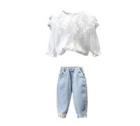 Spring Suit New Foreign Style Children Baby Girl Fashionable Small Children Net Red Denim Spring Two Piece Set Blanket with Matching Headband (White, 6-7 Years)