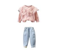 Spring Suit New Foreign Style Children Baby Girl Fashionable Small Children Net Red Denim Spring Two Piece Set Blanket with Matching Headband (Red, 4-5 Years)