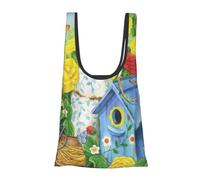 Spring Summer Birds Print Reusable, Foldable,Washable Grocery Bags Foldable in A Pouch Eco Tote Shopping Bag,Daily Shopping Loading