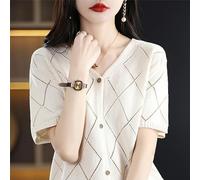 Spring Summer Cardigan Pure Cotton Cardigan Short-Sleeve Women's Knitted Cardigan Sweater Cardigan Jacket Short-Sleeve-Rice White-L