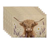 Spring Summer Country Floral Placemats, Beige Highland Cow Place Mats for Dining Table, Non-Slip Washable Indoor Outdoor Party Decorative Placemat Set of 6