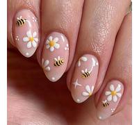 Spring Summer Daisy Press on Nails Short Almond Fake Nails Cute Little Bee False Nail Design Nude Pink Glossy Acrylic Nails for Women Girls DIY Manicure Decoration 24Pcs