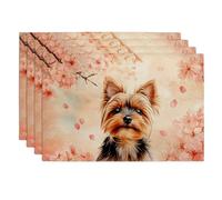 Spring Summer Dog Placemats, Peach Floral Yorkshire Terrier Place mats for Dining Table, Non-Slip Washable Indoor Outdoor Animal Decor Placemat Set of 4