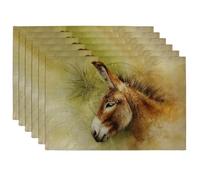 Spring Summer Donkey Art Placemats, Beige Rustic Animal Place mats for Dining Table, Non-Slip Washable Indoor Outdoor Party Decorative Placemat Set of 6