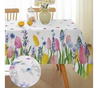 Spring Summer Floral Tablecloth Rectangle, Washable Tulip Lavender Table Cloth Polyester, Spill Proof Wrinkle Resistant Table Cover for Picnic, Party, Dinner Outdoor Decor (Rectangle, 52" x 70")