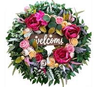 Spring Summer Front Door Wreath with Rustic Wood Welcome Sign, Handmade Peony Rose Hydrangea Silk Wreath, Artificial Floral Wreath for Farmhouse Home Wall Decor 24 in(B)
