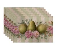 Spring Summer Green Pears and Roses Placemats, Floral Country Decorative Place mats for Dining Table, Non-Slip Washable Indoor Outdoor Party Placemat Set of 6