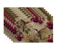 Spring Summer Hummingbird Floral Placemats, Burgundy Botanical Table Mats for Dining, Non-Slip Washable Indoor Outdoor Party Decorative Placemat Set of 6