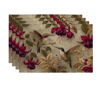 Spring Summer Hummingbird Floral Placemats, Burgundy Botanical Table Mats for Dining, Non-Slip Washable Indoor Outdoor Party Decorative Placemat Set of 4