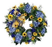 Spring Summer Hydrangea Wreath Artificial Blue Hydrangea Yellow Sunflower Wreath Blue and Yellow Wreaths Flower Garland Front Door (45 x 45 cm)