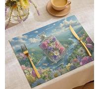 Spring Summer Natural Beauty Flower Perfume Bottle Mountains And Rivers Placemats Set of 4,Table Mats Non-Slip Heat Resistant Pink Green Placemat for Party Kitchen Dining Table Decoration Indoor