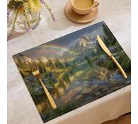 Spring Summer Natural Scenery Lake Rainbow Trees Placemats Set of 4,Table Mats Non-Slip Heat Resistant Green Placemat for Party Kitchen Dining Table Decoration Indoor Outdoor
