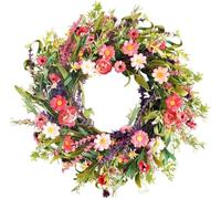 Spring Summer Outdoor Wreath, 45cm Pink Red Daisy Rose Lavender Floral Wreath with Greenery for Front Door All Season Home Decor (55CM)