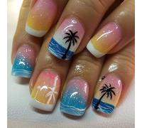 Spring Summer Press on Nails Medium Square Pink Blue Gradient with Coconut Tree Sunset Designs Glossy Acrylic Fake Nails for Summer Beach Vacation Manicure Decoration 24 pcs
