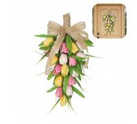 Spring Summer Tulips Teardrop Wreath, 17.7 Inch Artificial Floral Swag for Front Door, Mantel, Wedding & Farmhouse Wall Decor, Floral Garland Present (Yellow)