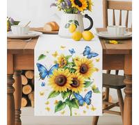 Spring Sunflower Table Runner 13x70 Inches Long Watercolor Pastoral Blue Butterfly Cotton Linen Table Runner Burlap Style for Dinner Table Party Decor Tabletop Decorations