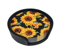 Spring Sunflowers Flowers Round Leather Coasters (6 Pieces) - Drink Coaster Set For Desk, Modern Easy To Clean Home Office & Farmhouse Coasters