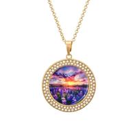Spring Sunrise Bluebonnets Texas Hill Country Multicolored Diamond Necklace Dainty Round Pendants Jewelry for Women Golden-style