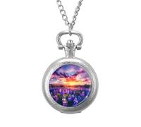 Spring Sunrise Bluebonnets Texas Hill Country Pocket Watch Vintage Quartz Pocket Watches with Chain for Men Women Silver-Style