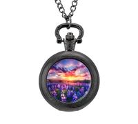 Spring Sunrise Bluebonnets Texas Hill Country Pocket Watch Vintage Quartz Pocket Watches with Chain for Men Women Black-Style