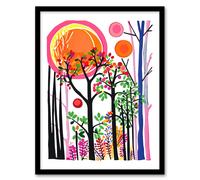 Spring Sunset Forest Colourful Linocut Design Framed Art Print Artery8 Pink W12 inch x H16 inch