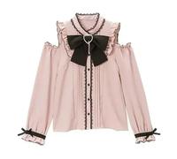 Spring Sweet Harajuku Kawaii Lolita Blouse Women Lace Bow Long Sleeve Pink Formal Shirts Girly Tops -1-S