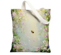 Spring Sweet Peas Canvas Tote Bag for Shopping 13 * 15, Forests Flowers Scene Bees Reusable Grocery Bag for Women, Floral Travel Painting Gift Decoration