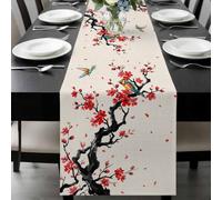 Spring Table Runner 13x108 Inches Long Oriental Traditional Red Plum Blossoms Birds Ethnic Linen Cotton Linen Table Runner Burlap Style for Dinner Table Party Decor Tabletop Decorations