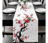 Spring Table Runner 13x72 Inches Long Oriental Traditional Red Plum Blossoms Birds Ethnic Cotton Linen Table Runner Burlap Style for Dinner Table Party Decor Tabletop Decorations