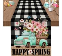 Spring Table Runner, Buffalo Plaid Truck Flowers Happy Easter Table Runner, Seasonal Holiday Kitchen Dining Table Decor for Home Party Decor (33x183cm)