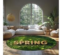 Spring Theme Circle Rug 210 cm Dark Green Grass and 3D Letter Print Floral Non Slip Washable Round Carpet for Living Room Bedroom