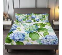 Spring Themed Hydrangea Pattern Print Bedding Set 3Pcs, Soft Microfibre Fabric Fitted sheets - Deep Pocket 40cm, Ultra Soft Breathable Bed Sheets for Teens Toddler, Super King Size, Blue Green