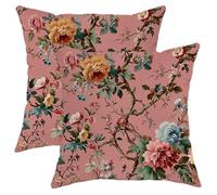 Spring Throw Pillow Cover Set of 2 Vintage Peony Oil Paint Floral Leaf Vines Pink Velvet Decorative Cushion Covers Soft Sofa Bed Living Rooms Patio Pillow Covers with Zipper 16x16 Inch