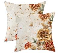 Spring Throw Pillow Covers Set of 2, Autumn Chrysanthemum Bee Theme Decorative Cushion Cases, Floral Farmhouse Decor for Home Sofa Bed Couch 18x18 Inch