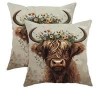 Spring Throw Pillow Covers Set of 2, Beige Floral Highland Cow Decorative Square Cushion Covers, Rustic Farmhouse Decor for Living Room Couch Sofa Bed 20x20 Inch